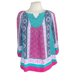 Crown & Ivy Petite XS  Pink Turquoise Geometric Pom Pom Trim Tunic Top Size PP